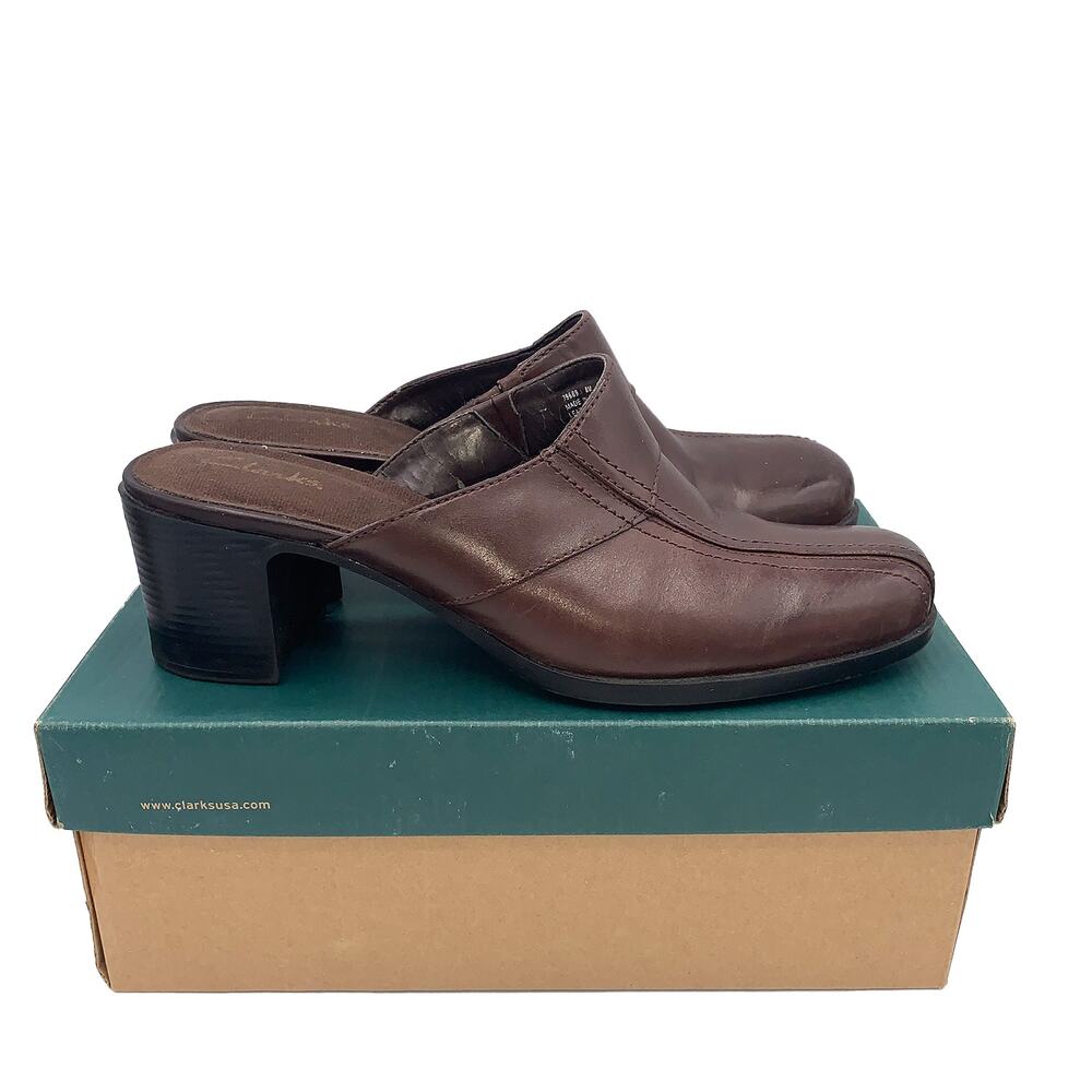 Clarks England MINGLE Dark Brown Leather Open-Back Heel Clogs Women's Size 8M